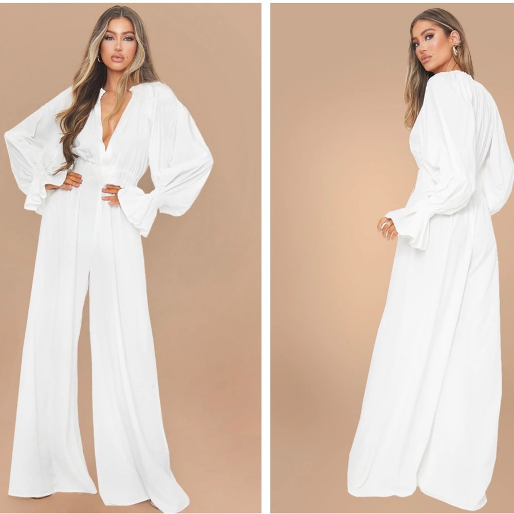 Brand New Pretty Little Thing White Shirred Neck Balloon Sleeve Chiffon Jumpsuit